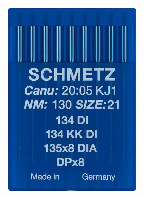 Schmetz 134 DI Size 130 Industrial Sewing Machine Needles Pack of 10 with Diamond Point for heavy leather, upholstery and coated fabrics Schmetz 134 DI Size 130 Industrial Sewing Machine Needles Pack of 10 with Diamond Point for heavy leather, upholstery and coated fabrics