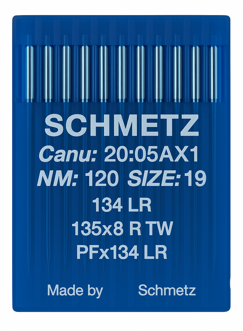 Schmetz 134 LR Size 120 Industrial Sewing Machine Needles Pack of 10 with Reverse Twist Point for decorative seams in heavy leather Schmetz 134 LR Size 120 Industrial Sewing Machine Needles Pack of 10 with Reverse Twist Point for decorative seams in heavy leather