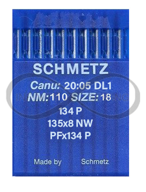 Schmetz 134P Size 110 needles, showcasing the narrow wedge point design and chrome coating. The needles are arranged neatly, with the packet displaying the needle specifications, including NM 110 / Size 18, ideal for high-strength seams in heavy fabrics.