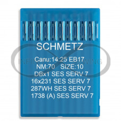 Schmetz 16X231 SES SERV 7 sewing machine needles, size 70, with a light ball point design. The needles are precisely engineered for delicate fabrics, with reinforced blades to reduce breakage and prevent skipped stitches. The packaging is clearly marked with the needle specifications, highlighting the superior quality and functionality for professional sewing tasks.