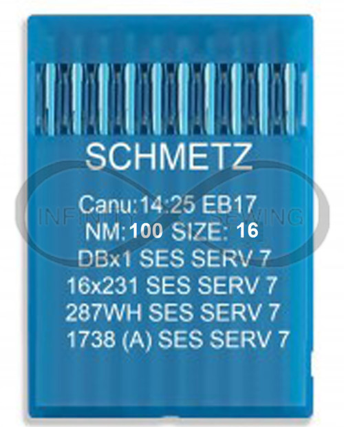 Schmetz 14:25EB17 SES SERV 7 Needles (NM 100 / Size 16) - Pack of 10. Featuring a light ball point that gently displaces threads in woven and knitted fabrics to prevent damage. Designed with a unique hump scarf for a larger thread loop and reinforced blade for superior stability and fewer skipped stitches. Ideal for sewing elastic and stretch materials. Schmetz 14:25EB17 SES SERV 7 Needles (NM 100 / Size 16) - Pack of 10. Featuring a light ball point that gently displaces threads in woven and knitted fabrics to prevent damage. Designed with a unique hump scarf for a larger thread loop and reinforced blade for superior stability and fewer skipped stitches. Ideal for sewing elastic and stretch materials.
