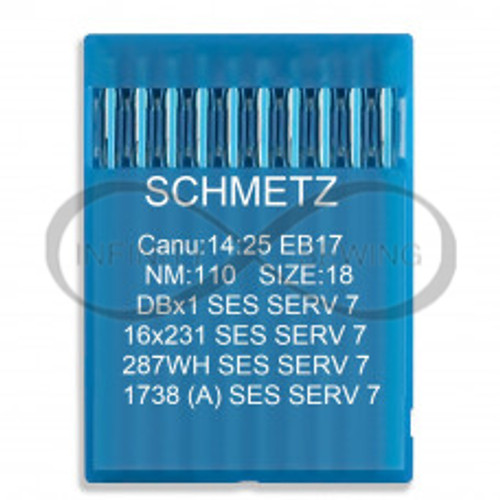 Schmetz 14:25EB17 SES SERV 7 Needles, Size 18 (NM 110), Pack of 10 - Premium sewing needles designed with a light ball point to effortlessly displace woven and knitted threads, minimizing material damage. Featuring Schmetz's SERV 7 technology with a hump scarf for a larger thread loop and reinforced blade for exceptional stability, these needles handle elastic materials with ease. Schmetz 14:25EB17 SES SERV 7 Needles, Size 18 (NM 110), Pack of 10 - Premium sewing needles designed with a light ball point to effortlessly displace woven and knitted threads, minimizing material damage. Featuring Schmetz's SERV 7 technology with a hump scarf for a larger thread loop and reinforced blade for exceptional stability, these needles handle elastic materials with ease.