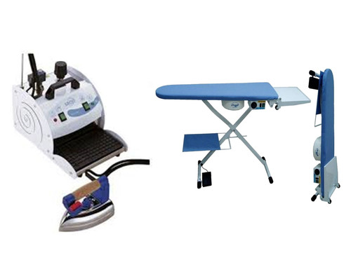 Snail professional ironing system with steam boiler and heated vacuum table. Commercial ironing setup with 2-litre steam boiler and professional iron