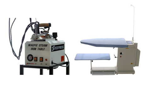 Magpie 5-litre commercial ironing boiler with Pressmaster extra wide heated vacuum table industrial ironing system bundle with 123cm x 60cm double-width pressing area  British boiler heavy-duty professional ironing bundle for hotels, laundries, and textile businesses