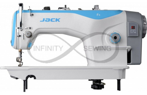 Fully assembled Jack F5 Direct Drive Industrial Sewing Machine on a unit stand, ready for professional sewing tasks Fully assembled Jack F5 Direct Drive Industrial Sewing Machine on a unit stand, ready for professional sewing tasks