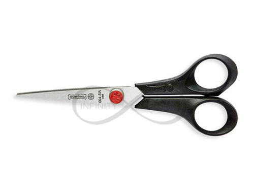 Mundial Red Dot Hobby & Craft Scissors, measuring 5.5 inches. The sleek black handles are made of matte polypropylene, providing a secure grip to prevent slippage. Crafted from durable stainless steel, these scissors ensure sharp and accurate cutting for various materials, including paper, yarn, cloth, and thread. The adjustable pivot assembly, distinguished by Mundial's signature red button, offers control for detailed tasks. With a length of 5 1/2" and a 2" cut, these scissors are versatile for crafting needs. Mundial Red Dot Hobby & Craft Scissors, measuring 5.5 inches. The sleek black handles are made of matte polypropylene, providing a secure grip to prevent slippage. Crafted from durable stainless steel, these scissors ensure sharp and accurate cutting for various materials, including paper, yarn, cloth, and thread. The adjustable pivot assembly, distinguished by Mundial's signature red button, offers control for detailed tasks. With a length of 5 1/2" and a 2" cut, these scissors are versatile for crafting needs.