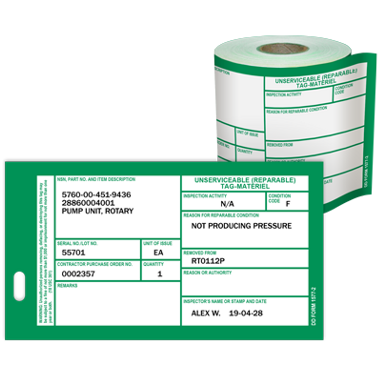 materiel condition tags dd form 1577 (repairable) - duralabel