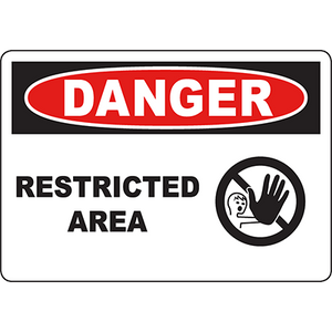Red and black danger sign indicating restricted area with a no-entry symbol for safety in industrial environments.