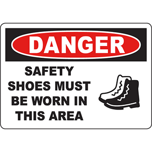 Warning sign indicating that safety shoes must be worn in designated areas for workplace safety compliance.