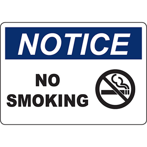 Notice No Smoking sign with symbol for industrial labeling compliance and safety in workplace environments.