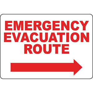 Red emergency evacuation route sign with right arrow, guiding safe passage during emergencies.