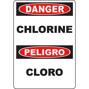 Chlorine danger bilingual sign for safety in industrial settings, highlighting hazards in English and Spanish.