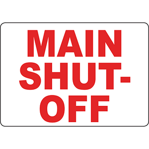 Bold red 'MAIN SHUT-OFF' label for clear industrial safety communication and emergency response.
