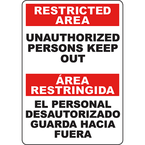 Red bilingual sign indicating 'Restricted Area: Unauthorized Persons Keep Out' for effective industrial safety labeling.