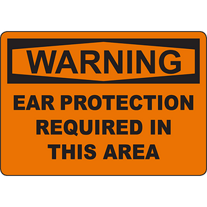 Warning sign indicating ear protection required in this area for workplace safety and compliance.
