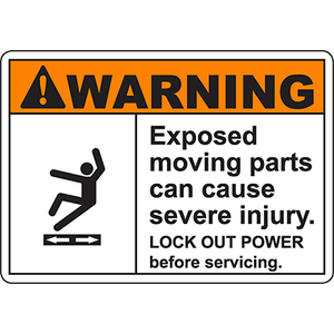 Warning sign for exposed moving parts posing severe injury risks; essential for industrial safety labeling solutions.