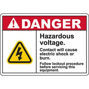 Danger sign warning of hazardous voltage and electric shock risk for industrial equipment safety.