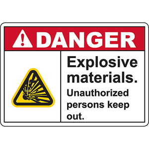 Danger sign for explosive materials, warning unauthorized personnel to keep out – industrial labeling solution.