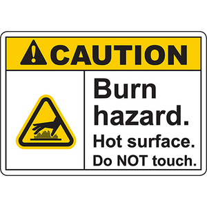 Caution burn hazard sign indicating hot surface; essential for workplace safety and industrial labeling solutions.