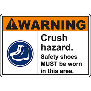 Warning sign for crush hazard, mandatory safety shoes in this area, ideal for industrial labeling solutions.