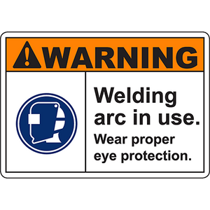 Warning sign indicating welding arc in use, highlighting the need for eye protection in industrial environments.