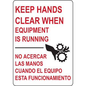 Safety sign instructing to keep hands clear when equipment is running; vital for workplace safety and compliance.