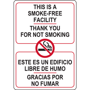 Smoke-free facility sign featuring bilingual message: 'Thank you for not smoking' and 'Gracias por no fumar'.