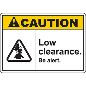 Caution sign warning of low clearance, emphasizing alertness for safety in industrial environments. Ideal for labeling solutions.