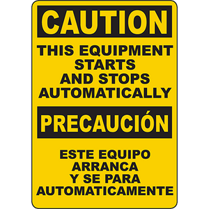 Bilingual caution sign warning that equipment starts and stops automatically, ideal for industrial labeling solutions.