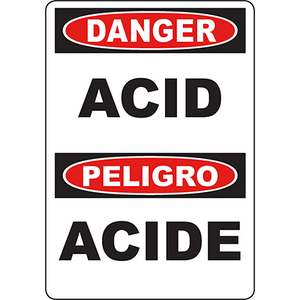 Bilingual danger sign for acid hazards, featuring bold red warning labels for hazardous industrial environments.