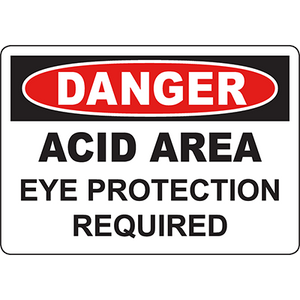 Warning sign for acidic areas requiring eye protection, ideal for workplace safety and industrial labeling solutions.