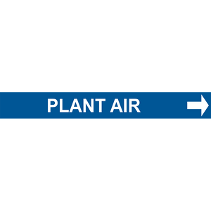 Blue pipe marker indicating 'Plant Air' direction for efficient industrial labeling solutions.