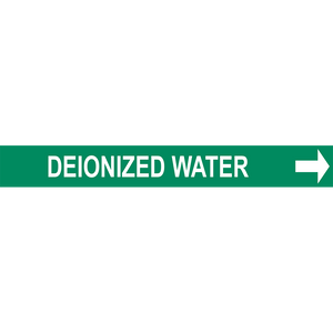 Deionized water pipe marker with clear text and directional arrow for industrial labeling solutions.