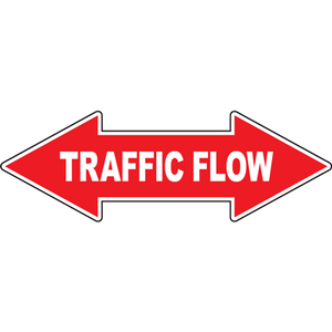 Red traffic flow floor sign with arrows indicating direction for effective industrial communication and safety.