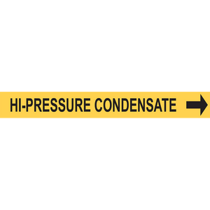 Yellow pipe marker indicating 'HI-PRESSURE CONDENSATE' with right arrow for industrial labeling solutions.