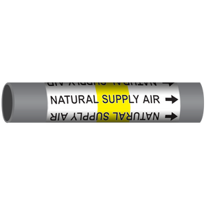 Natural supply air pipe marker with bold text and directional arrows for easy industrial identification.