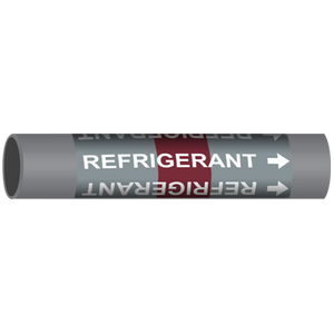 Gray pipe marker displaying 'Refrigerant' for clear industrial labeling of marine pipe systems.