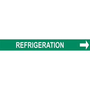 Green refrigeration pipe marker with bold text and directional arrow for clear industrial labeling solutions.