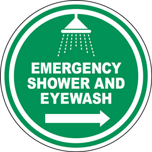 Emergency shower and eyewash sign directing users for quick access in industrial settings.
