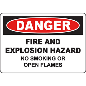 Warning sign indicating fire and explosion hazards, emphasizing no smoking or open flames for safety in industrial settings.