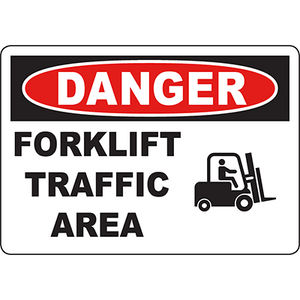 Warning sign for forklift traffic area, highlighting safety with clear danger message for industrial environments.