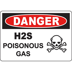 Danger sign warning of H2S poisonous gas with skull and crossbones for industrial safety labeling solutions.