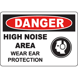 High noise area warning sign indicating the need for ear protection for safety in industrial environments.