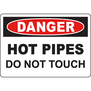 Warning sign for hot pipes, emphasizing 'DO NOT TOUCH' for safety in industrial environments.