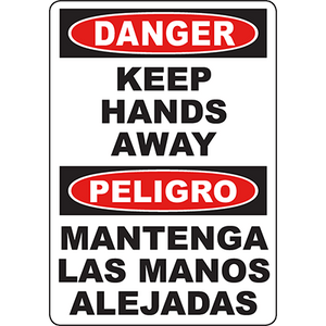 Multilingual danger sign advising to keep hands away for safety in industrial environments.
