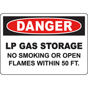 Danger sign for LP gas storage, no smoking or open flames within 50 feet, essential for safety regulations.