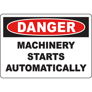 Warning sign for dangerous machinery that starts automatically, ideal for industrial safety labeling solutions.