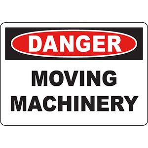 Warning sign indicating 'Danger Moving Machinery' for industrial safety and labeling solutions.