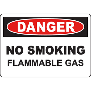 Warning sign displaying 'Danger No Smoking Flammable Gas' for safety in industrial settings.