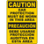 Caution sign indicating mandatory ear protection in English and Spanish for workplace safety.